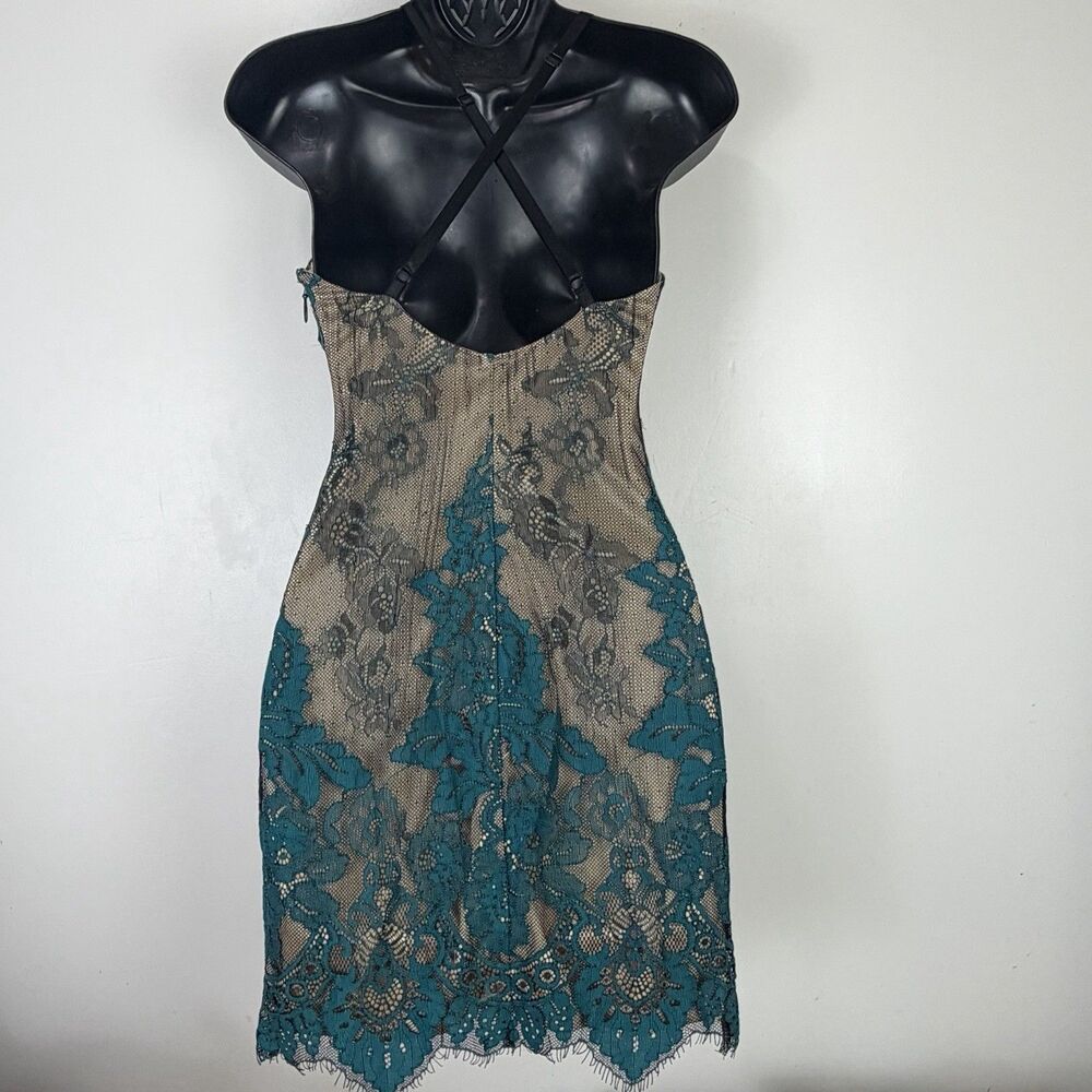 bebe Lace Mini Dress Sz 2 Teal Black Nude Floral Y2K Lingerie Romantic Coquette - Picture 7 of 12